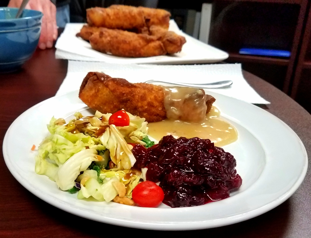 Thanksgiving Turkey & Stuffing Egg Rolls with Gravy and Cranberry Sauce